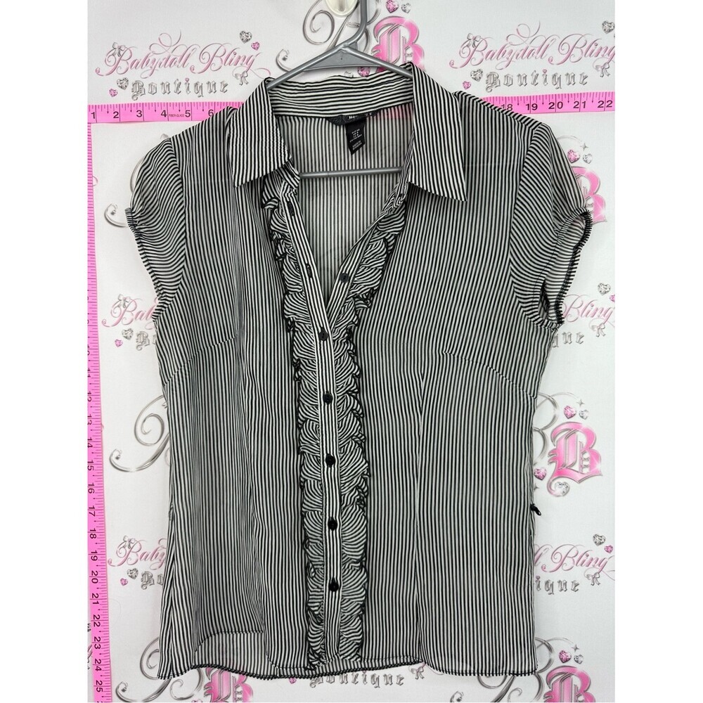 H&M y2k ruffle Black and White Vertical Stripe Ruffle Button-Up Top